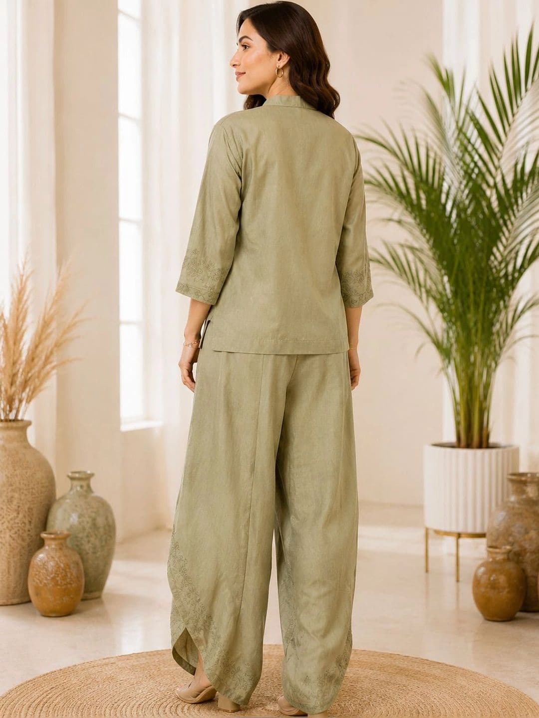 IKSHARA Cotton Embroidered Top with Palazzos thumbnail 7