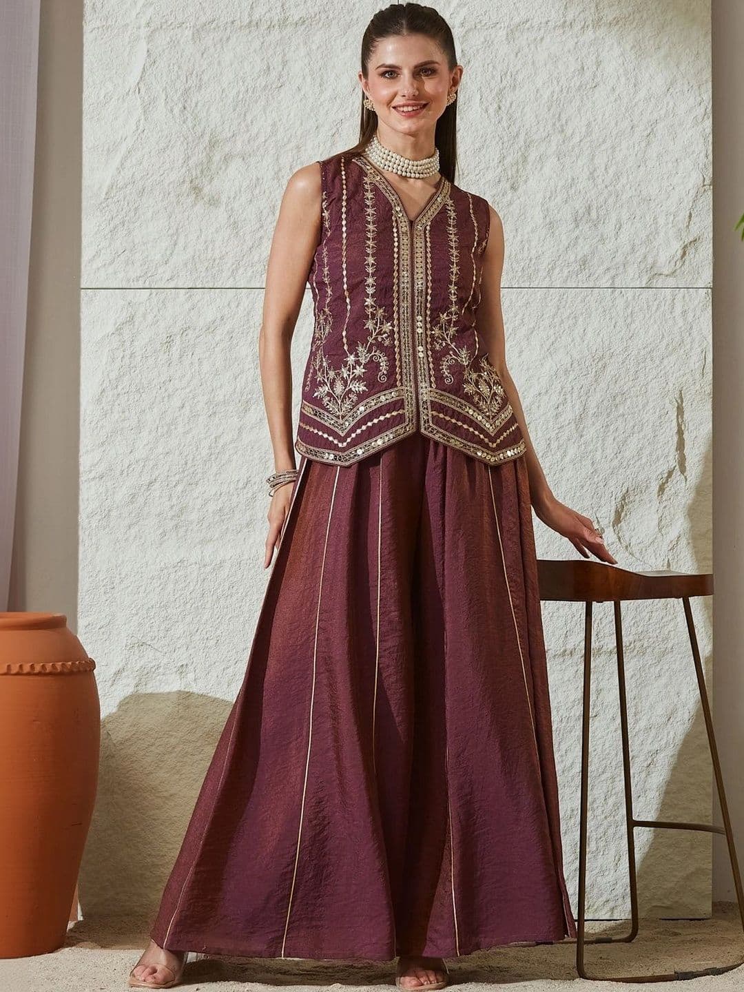 MOKOSH Women Ethnic Motifs Embroidered Empire Pure Silk Kurta with Palazzos - view 1