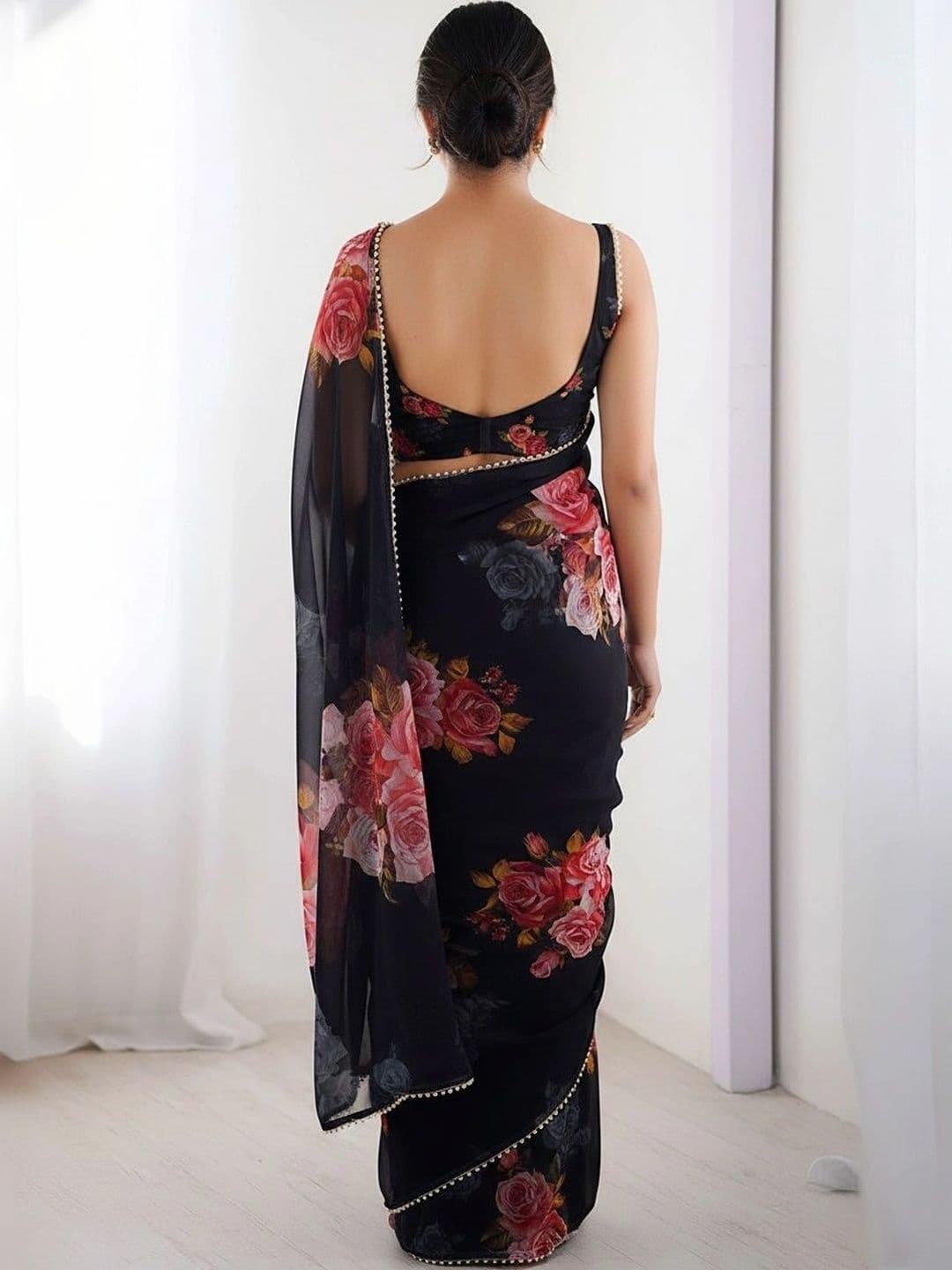 KALINI Floral Beads and Stones Pure Georgette Saree thumbnail 3