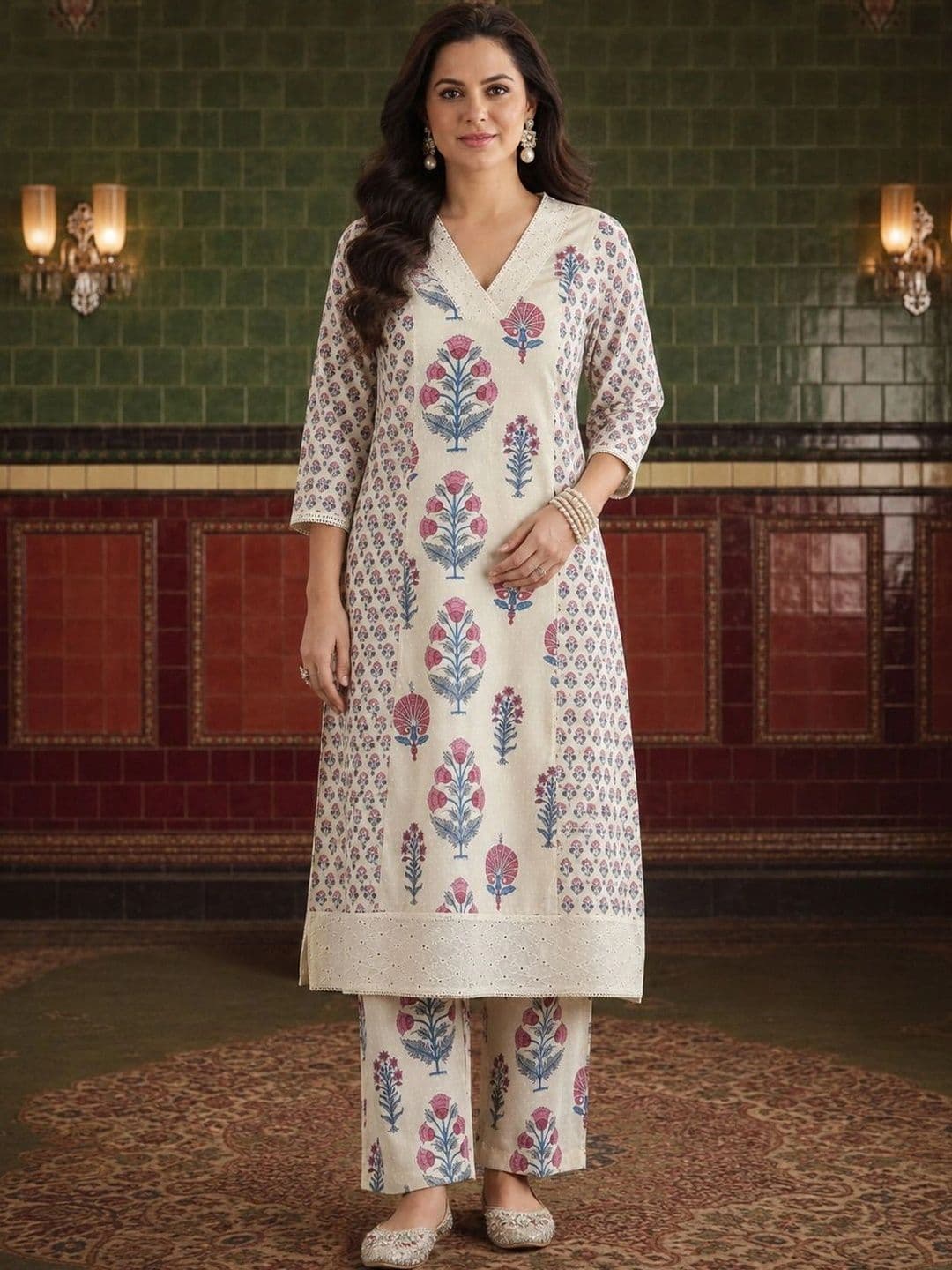 House of Pataudi Women Ethnic Motifs Printed Regular Pure Cotton Kurta with Palazzos thumbnail 2