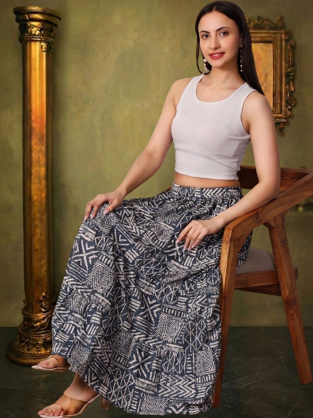 House of Sakhhi Women Pure Cotton Blend Geometric Tribal or Aztec Print Maxi Flared Skirt thumbnail 5