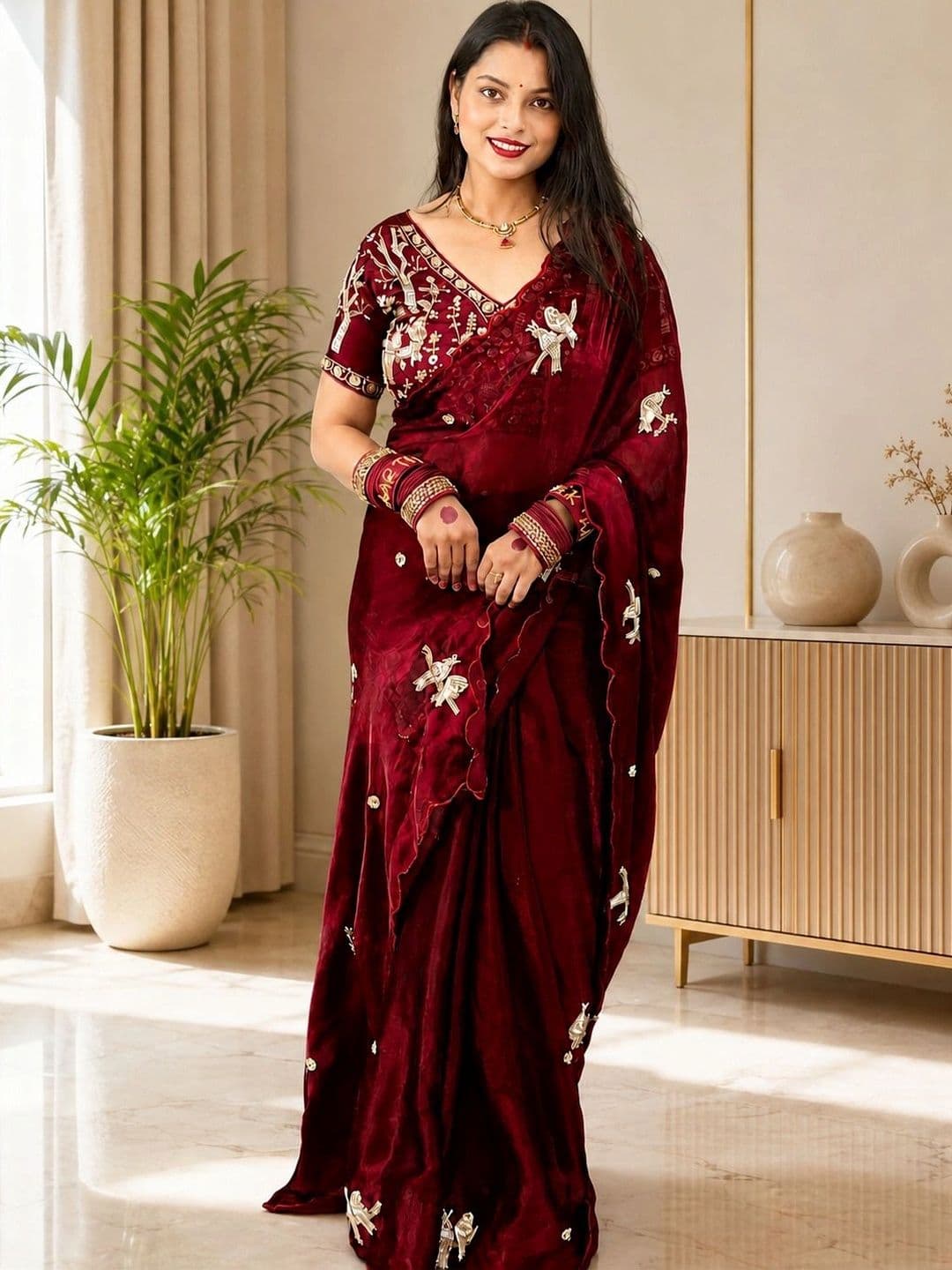 HK TEX Embroidered Satin Saree - view 1