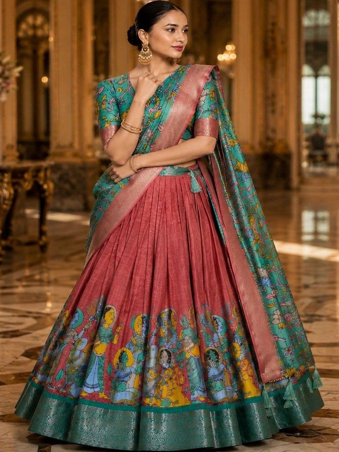 House of Pataudi Printed women  Semi-Stitched Lehenga & Unstitched Blouse Taping - view 1