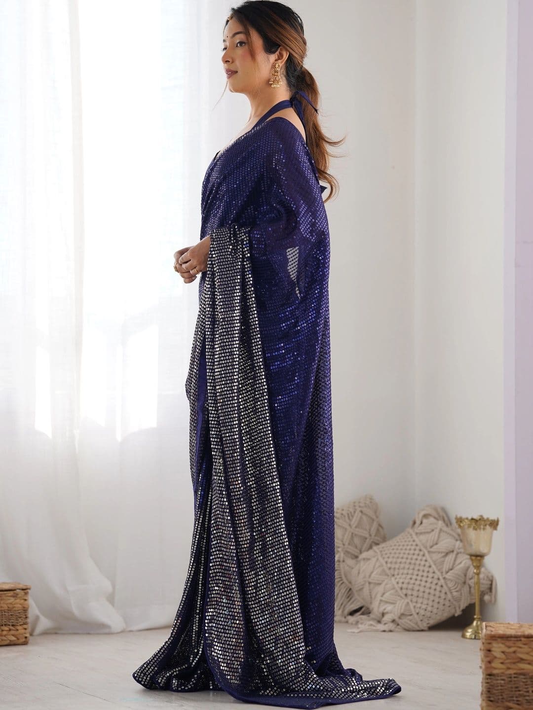 KALINI Ethnic Motifs Sequinned Poly Georgette Heavy Work Saree thumbnail 4