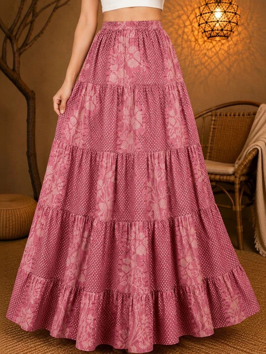 House of Sakhhi Women Pure Cotton Blend Floral Tiered Maxi Flared Skirt - view 1