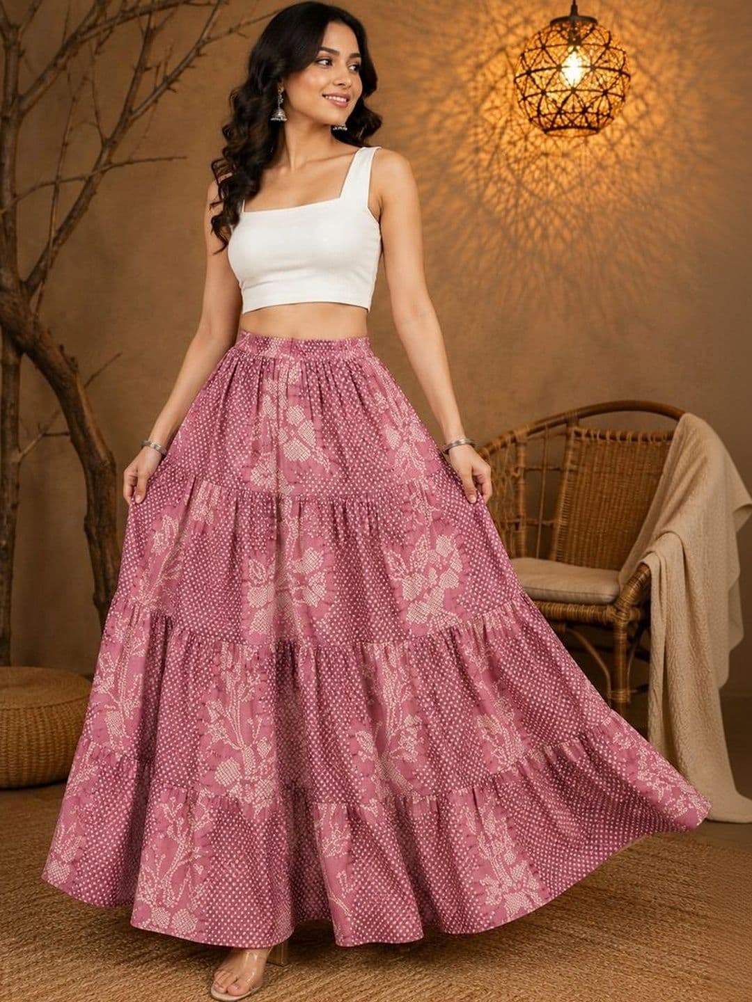 House of Sakhhi Women Pure Cotton Blend Floral Tiered Maxi Tiered Skirt thumbnail 2