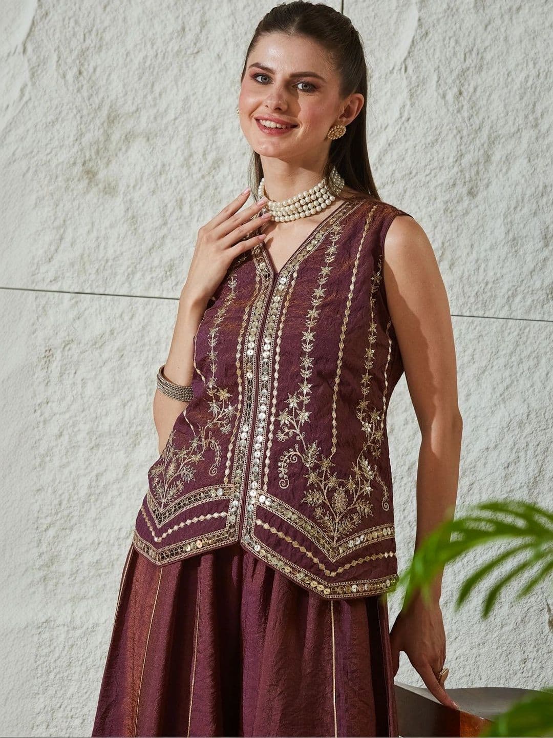 MOKOSH Women Ethnic Motifs Embroidered Empire Pure Silk Kurta with Palazzos thumbnail 2