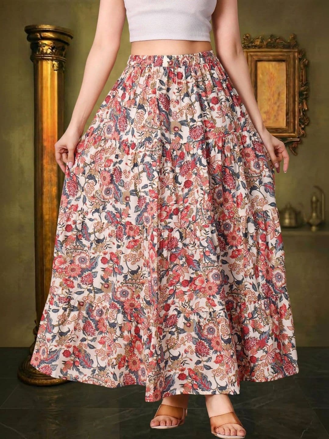 House of Sakhhi Women Pure Cotton Blend Floral Maxi Tiered Skirt thumbnail 3