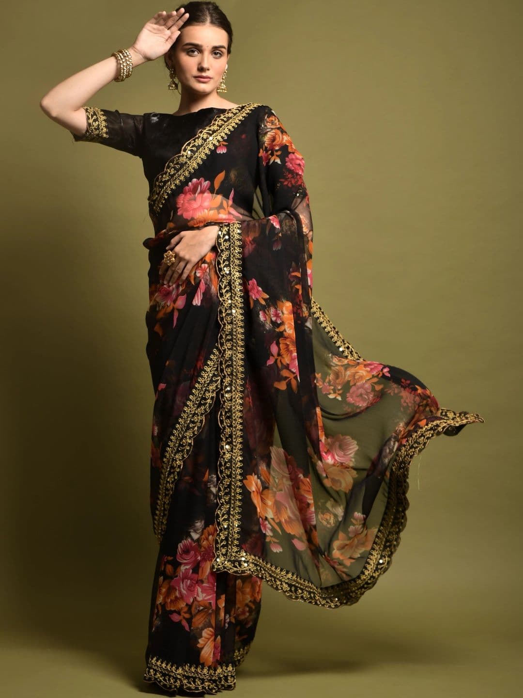 KALINI Floral Embroidered Pure Chiffon Saree - view 1