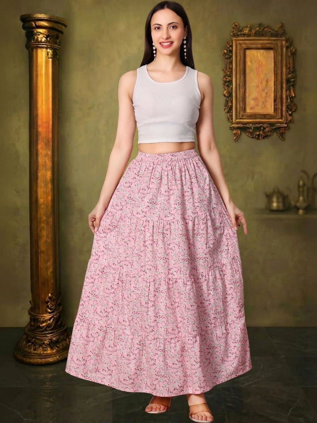 House of Sakhhi Women Pure Cotton Blend Floral Micro or Ditsy Print Maxi Tiered Skirt - view 1