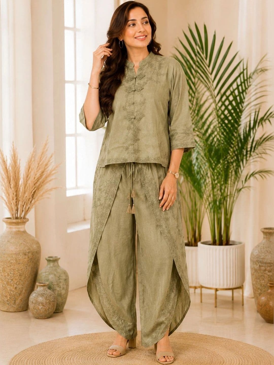 IKSHARA Cotton Embroidered Top with Palazzos thumbnail 4