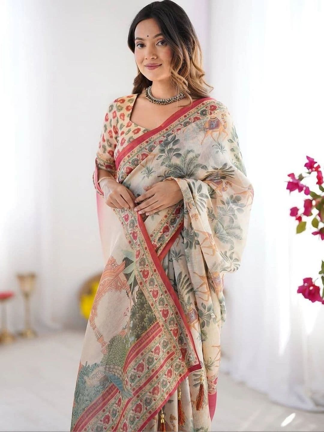 ADR CHIKANKARI Woven Design Zari Linen Blend Saree thumbnail 4