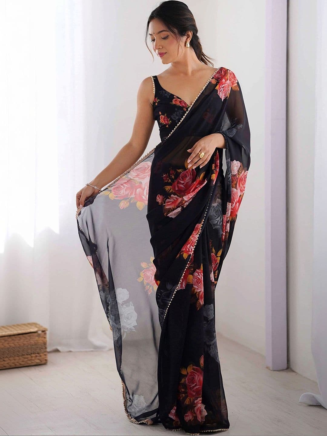 KALINI Floral Beads and Stones Pure Georgette Saree thumbnail 4