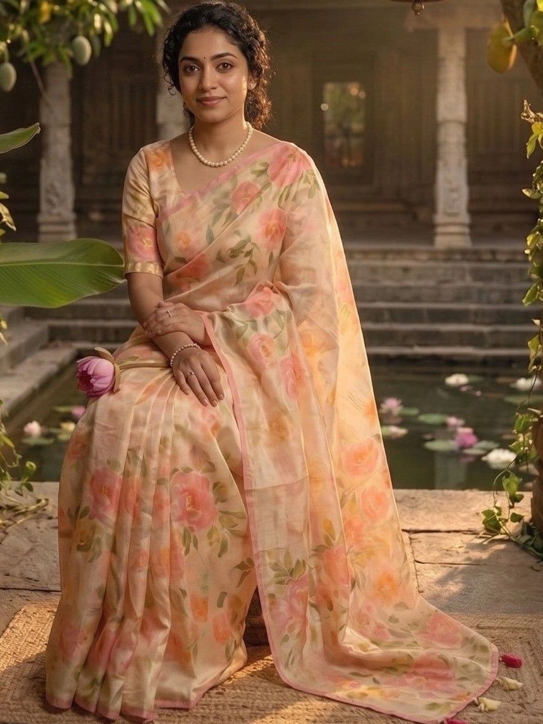 Zankhi Hosiery Floral Zari Linen Blend Saree thumbnail 5