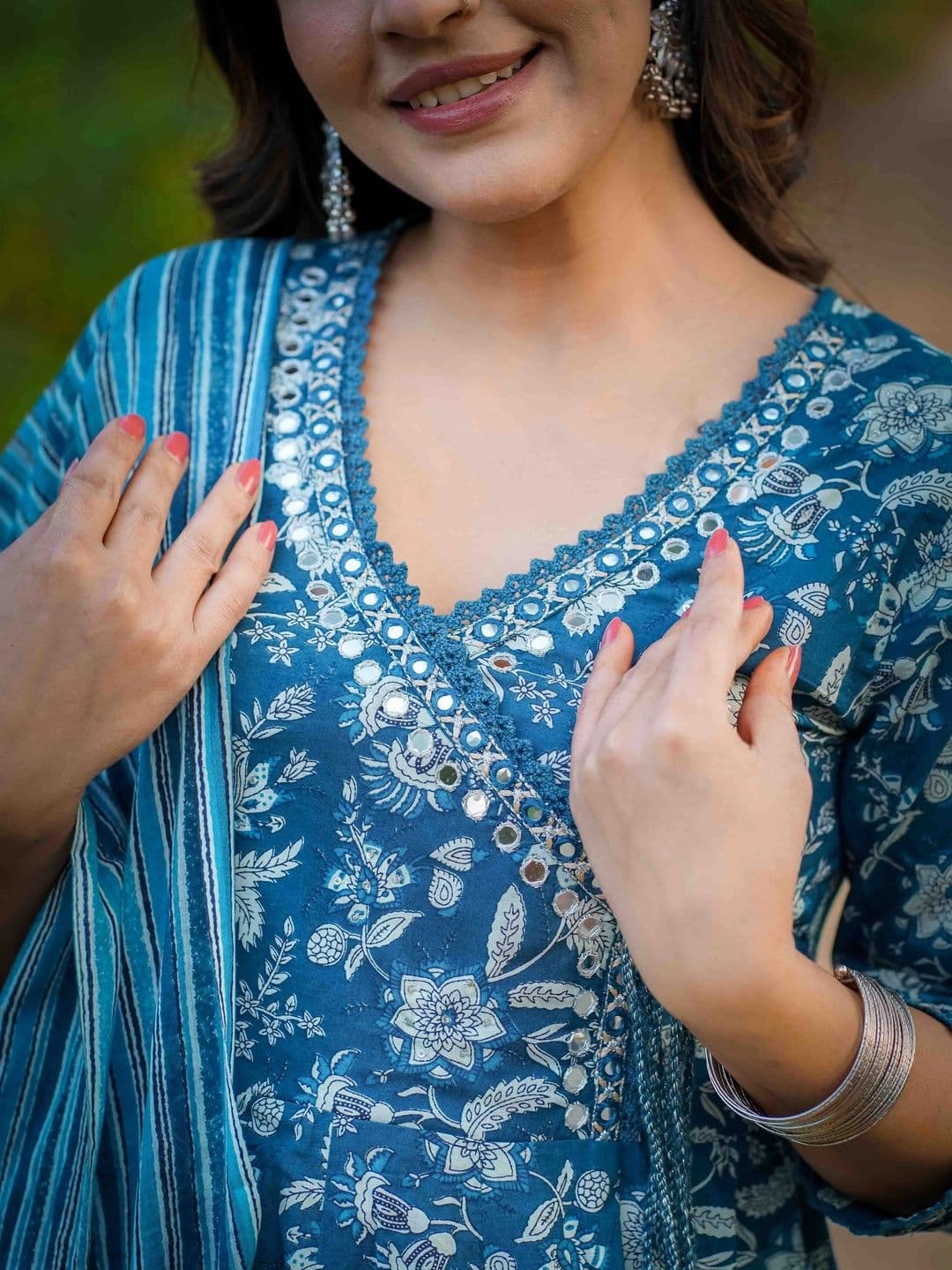 Sangria Women Floral Printed Angrakha Mirror Work Pure Cotton Kurta with Trousers & With Dupatta thumbnail 3