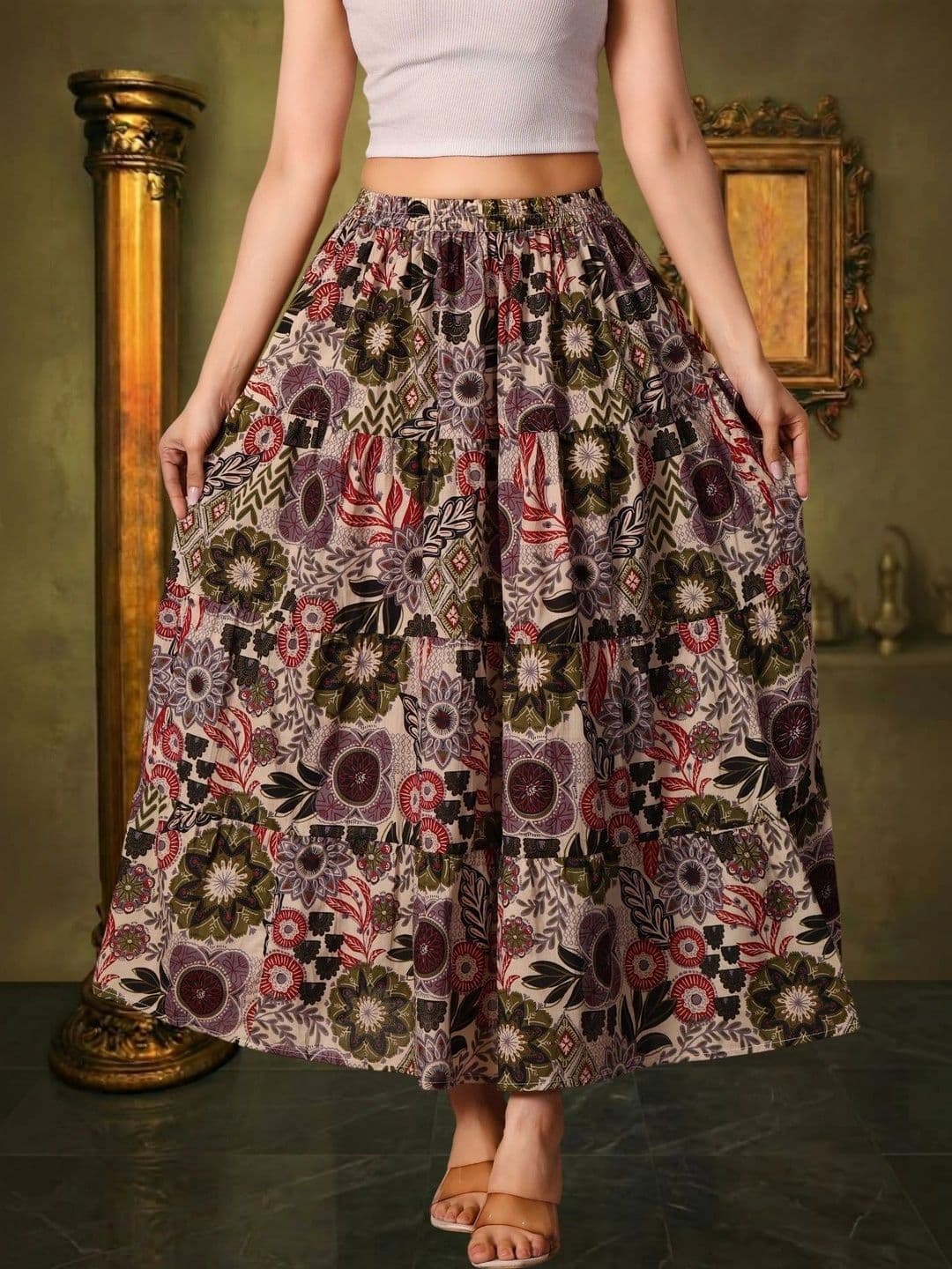 House of Sakhhi Women Pure Cotton Blend Floral Maxi Flared Skirt thumbnail 2