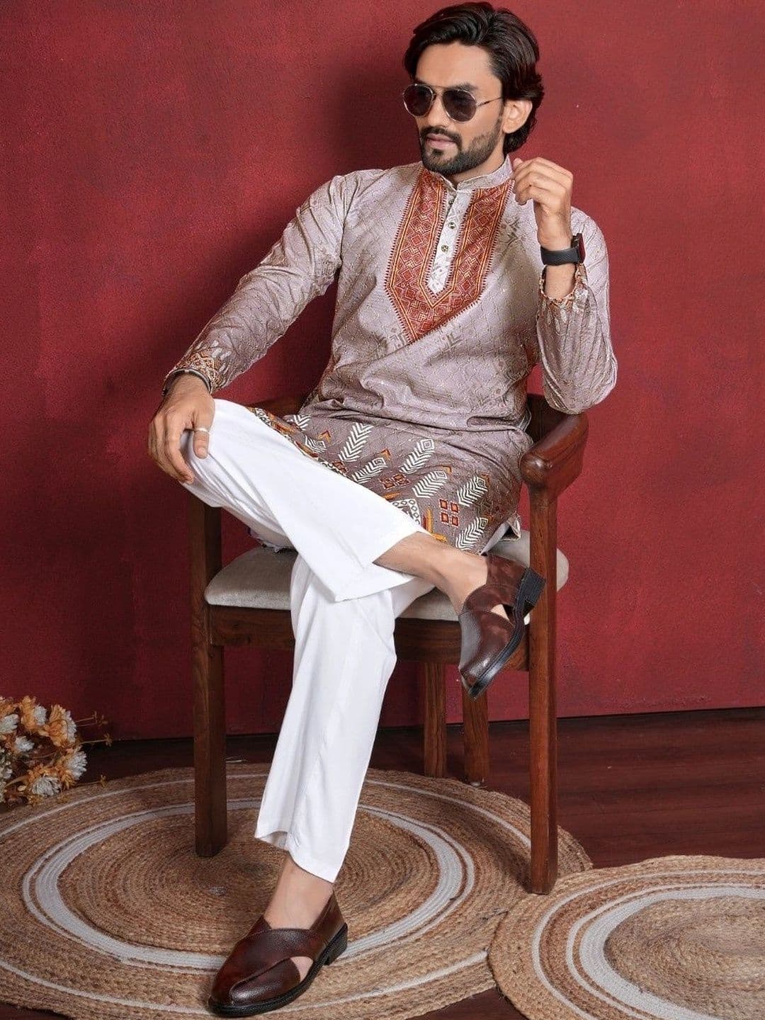 CHARLOTTE GRACIOUS Men Ethnic Motifs Printed Thread Work Kurta thumbnail 6