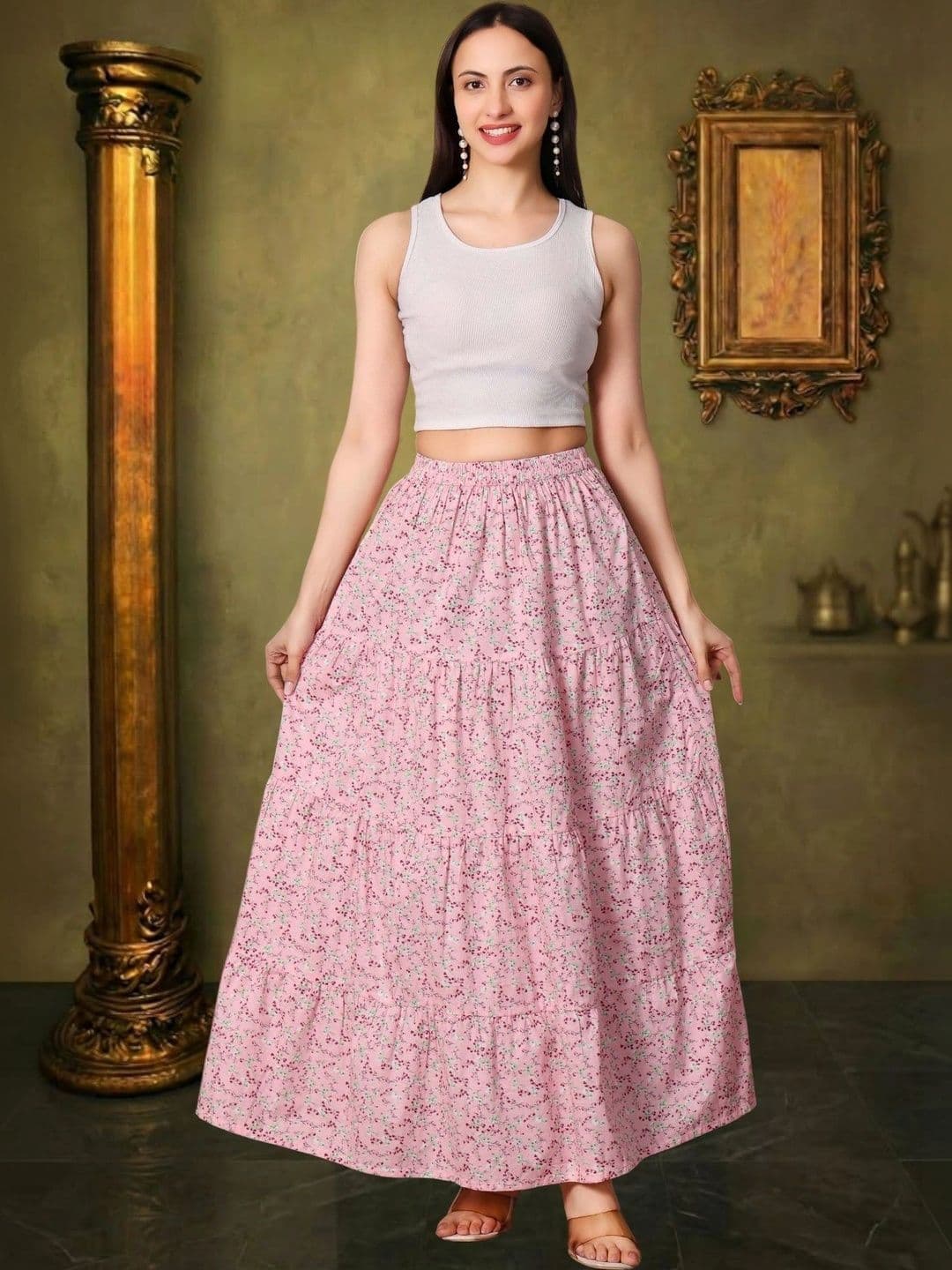 House of Sakhhi Women Pure Cotton Blend Floral Micro or Ditsy Print Maxi Tiered Skirt thumbnail 3