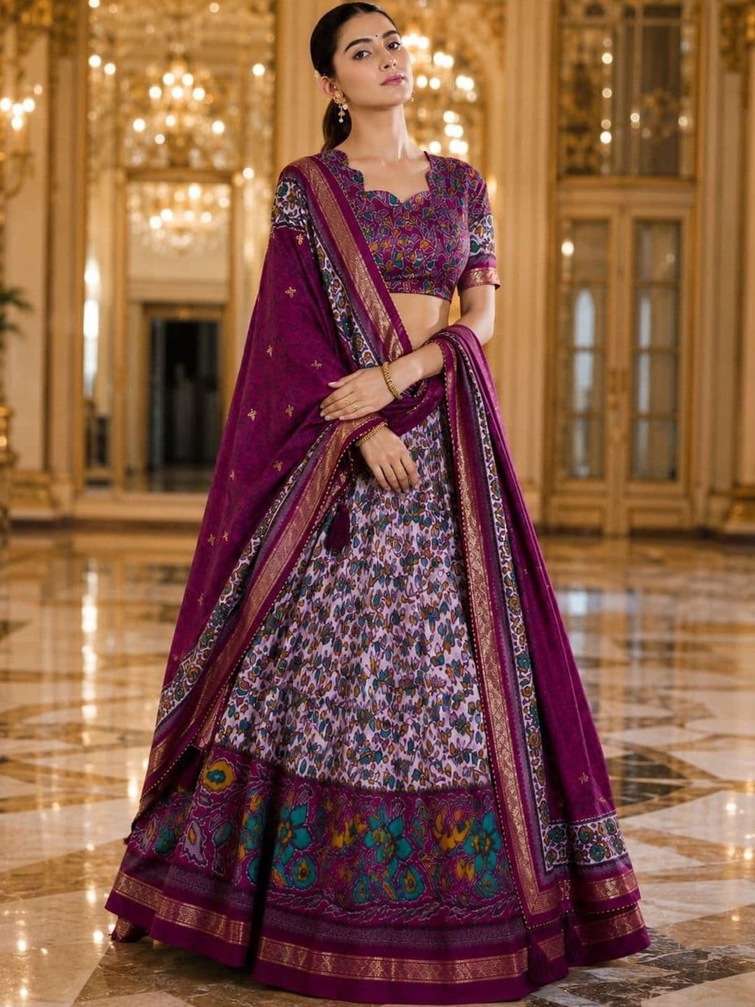 House of Pataudi Printed Semi-Stitched Lehenga & Unstitched Blouse Taping thumbnail 4