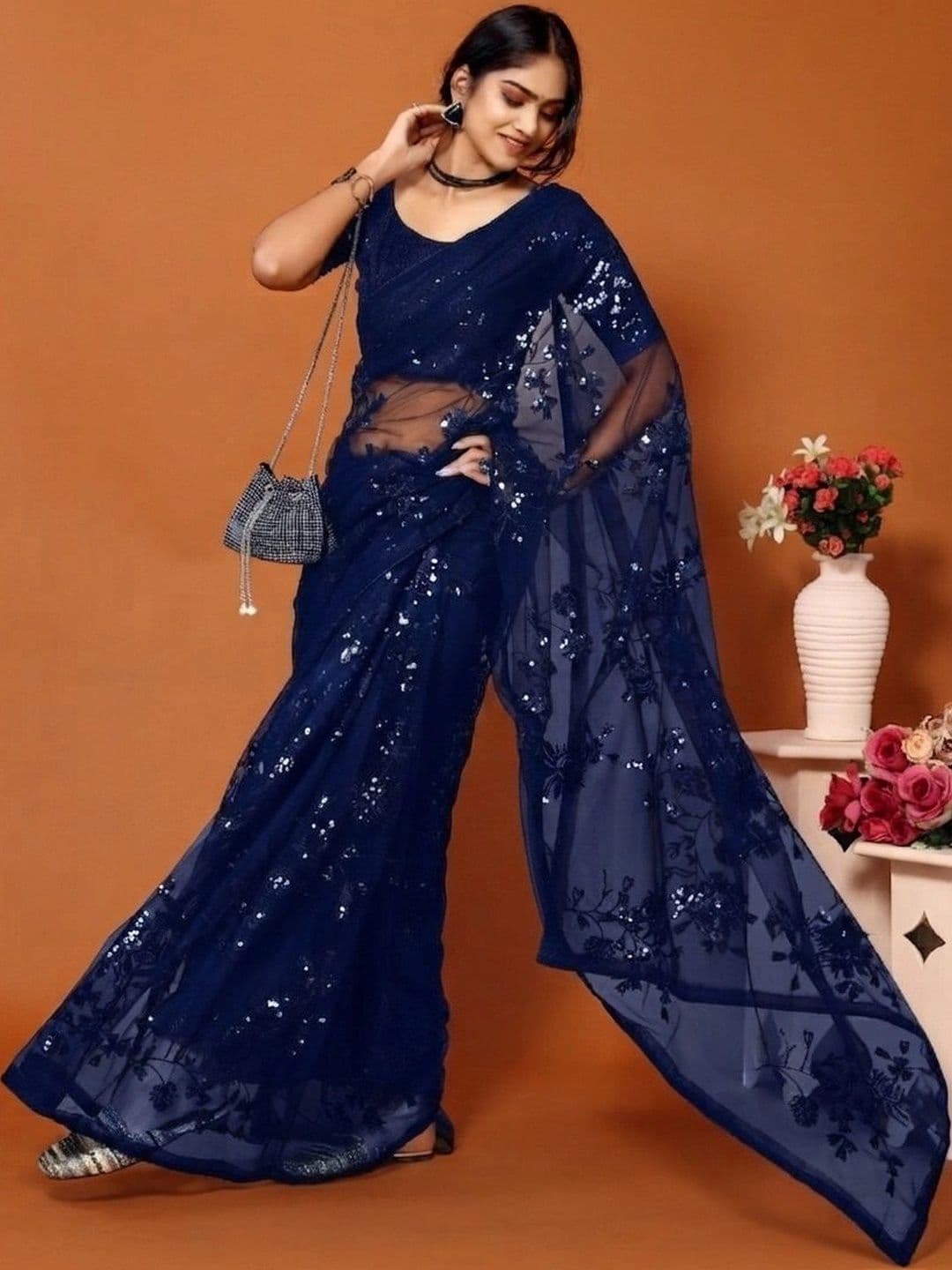 Mitera Embellished Sequinned Poly Georgette Designer Saree thumbnail 3