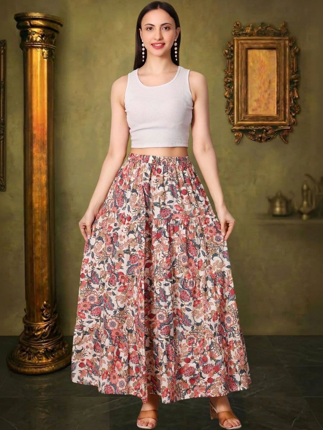 House of Sakhhi Women Pure Cotton Blend Floral Maxi Tiered Skirt - view 1