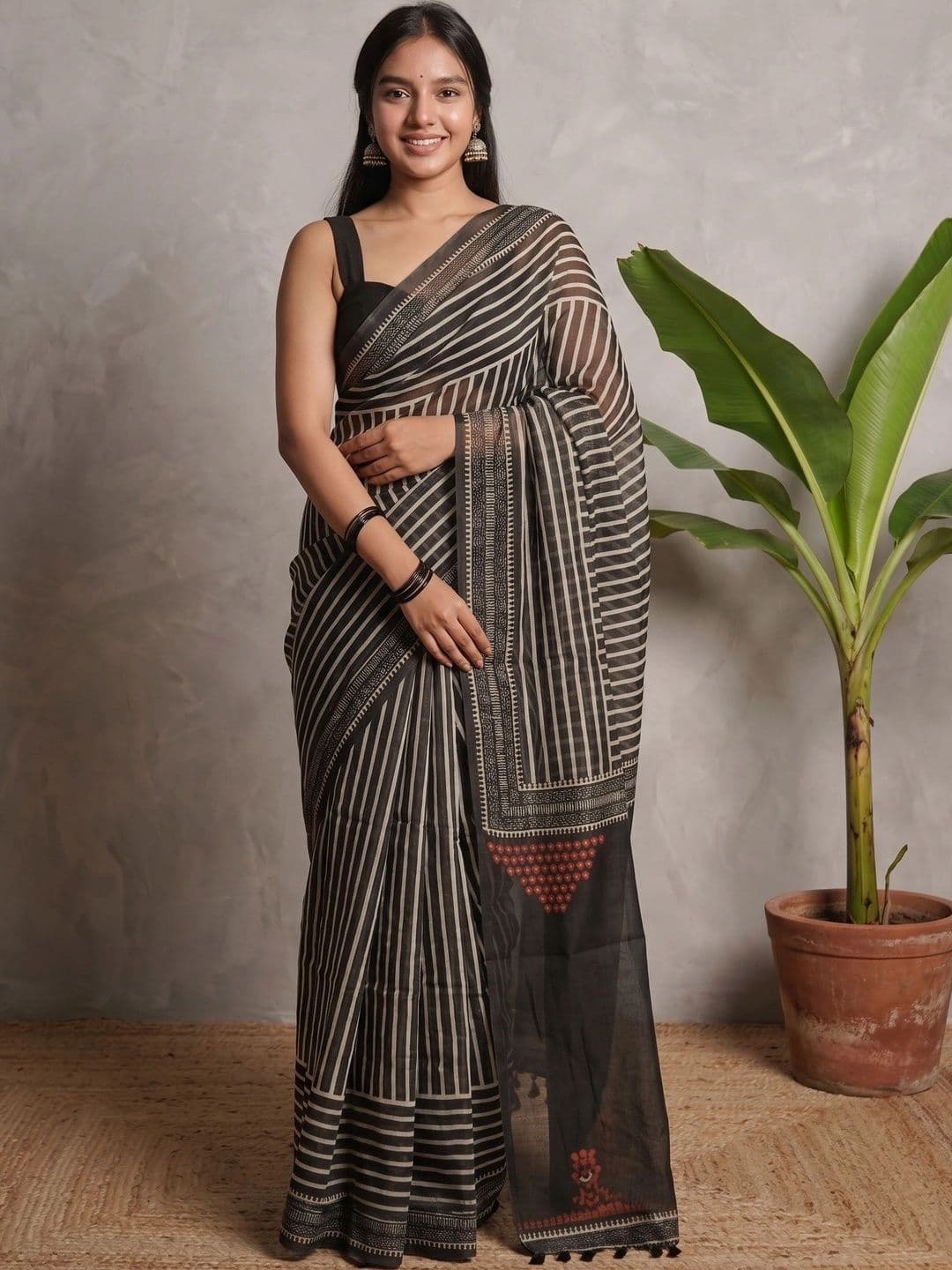 AdoreeStitch Striped Zari Linen Blend Saree - view 1