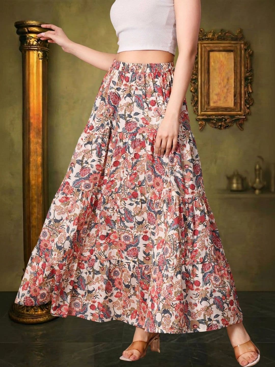 House of Sakhhi Women Pure Cotton Blend Floral Maxi Flared Skirt thumbnail 4