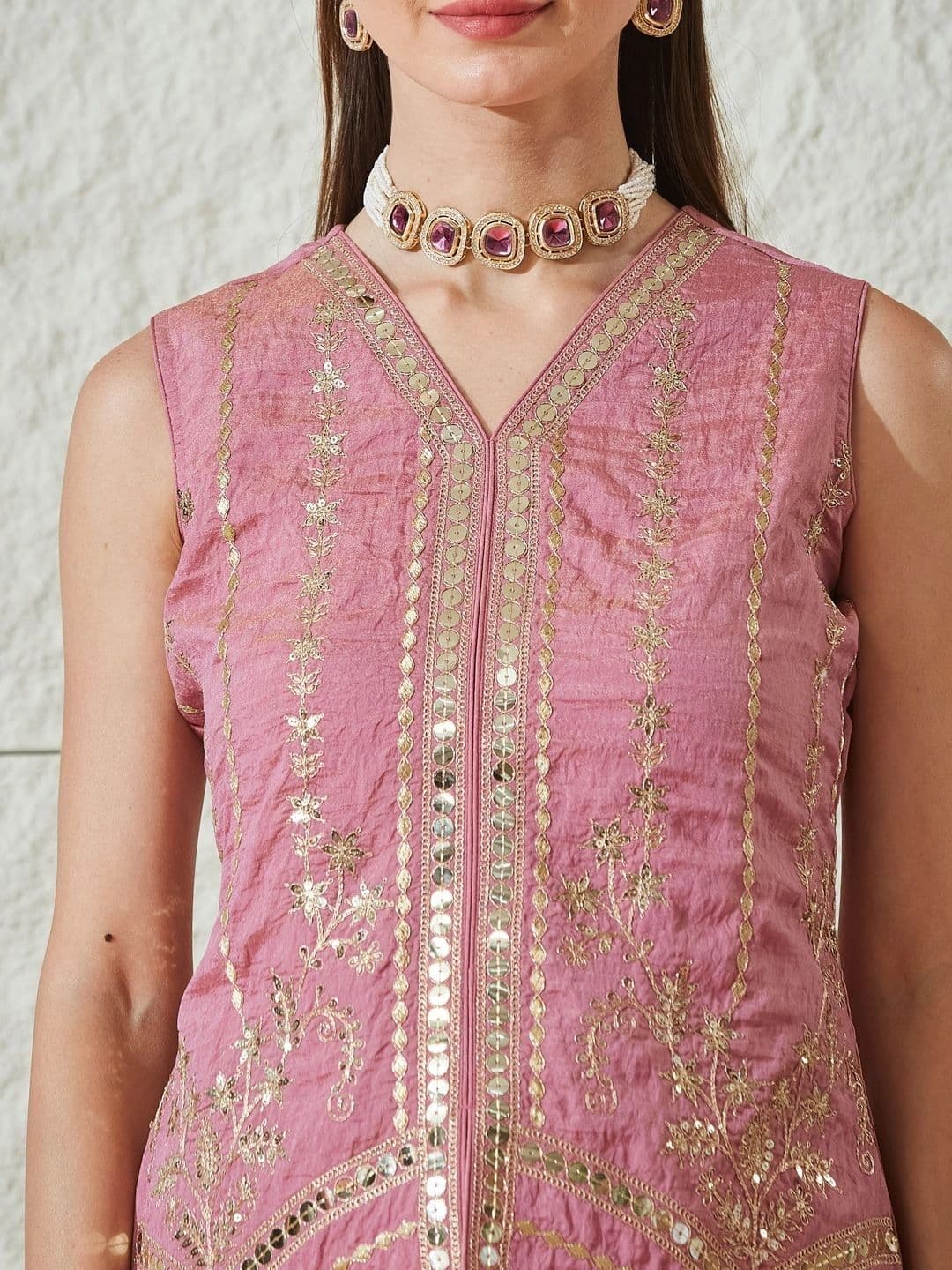 MOKOSH Women Ethnic Motifs Embroidered Regular Mirror Work Pure Silk Kurta with Palazzos thumbnail 5