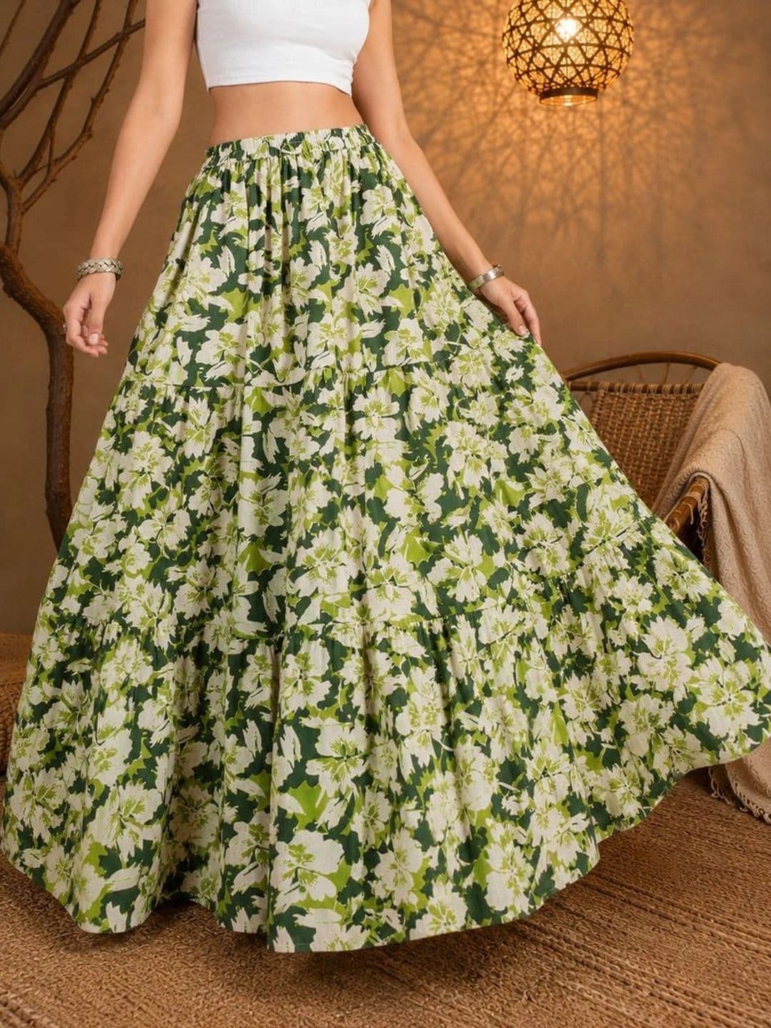 House of Sakhhi Women Pure Cotton Blend Floral Maxi Flared Skirt - view 1