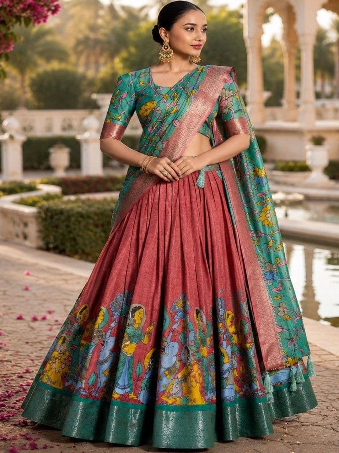 House of Pataudi Printed women  Semi-Stitched Lehenga & Unstitched Blouse Taping thumbnail 5