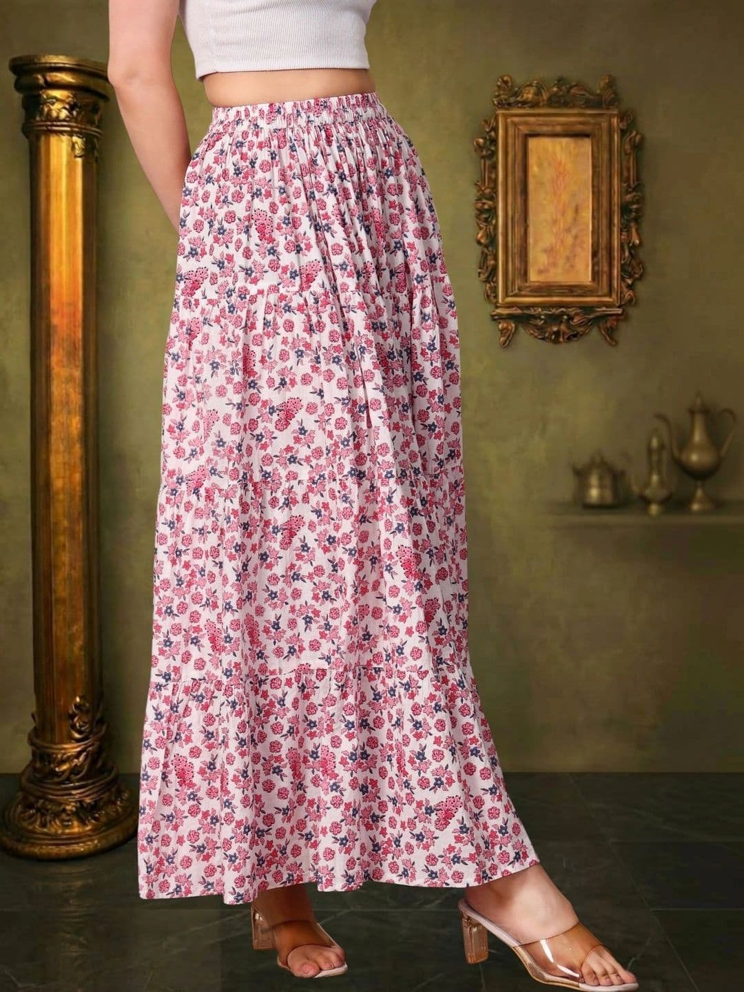 House of Sakhhi Women Pure Cotton Blend Floral Maxi Flared Skirt thumbnail 4