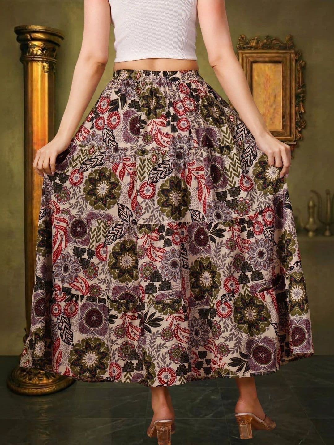 House of Sakhhi Women Pure Cotton Blend Floral Maxi Flared Skirt thumbnail 4