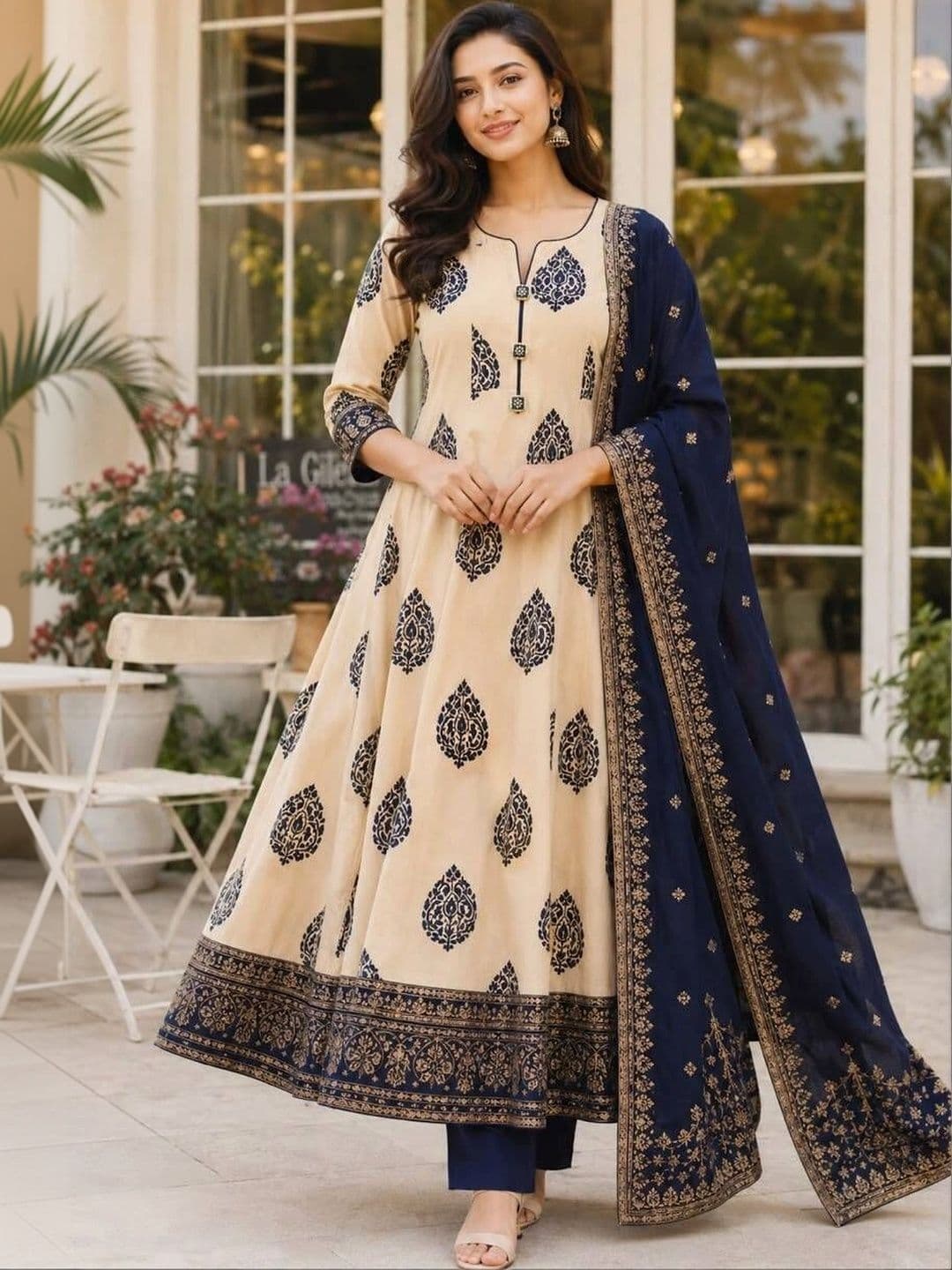 JAIMINI Women Ethnic Motifs Printed Angrakha Pure Cotton Kurta with Trousers & With Dupatta - view 1