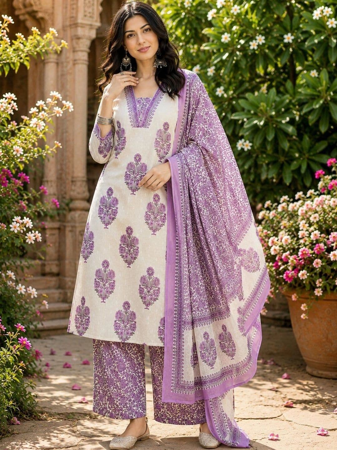 Anouk Mirage Women Floral Printed Regular Pure Cotton Kurta with Trousers & With Dupatta thumbnail 6
