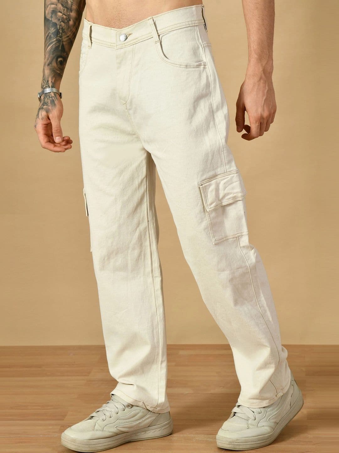 HERE&NOW Men's Beige Clean Look Baggy Wide-Leg Cargo Jeans thumbnail 3