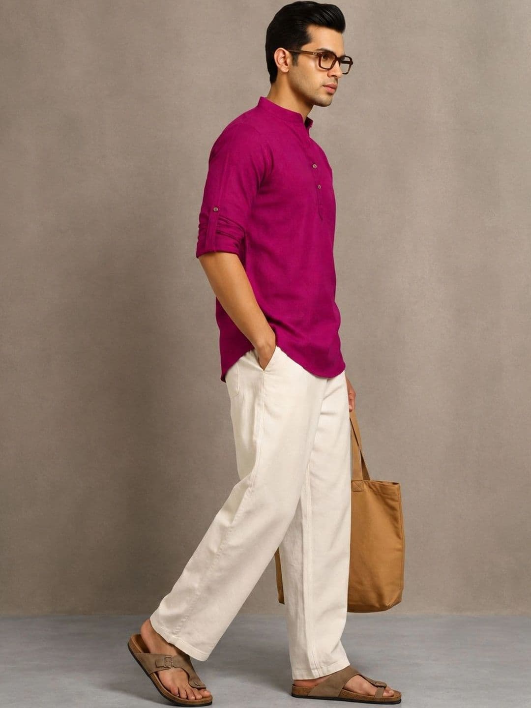Navibhu Woven Design Solid Cotton Handloom Mandarin Collar Short Kurta thumbnail 4