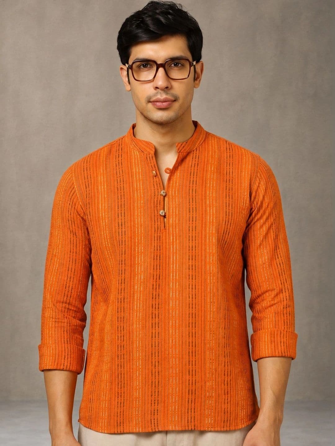 Navibhu Woven Design Striped Cotton Handloom Mandarin Collar Short Kurta thumbnail 4