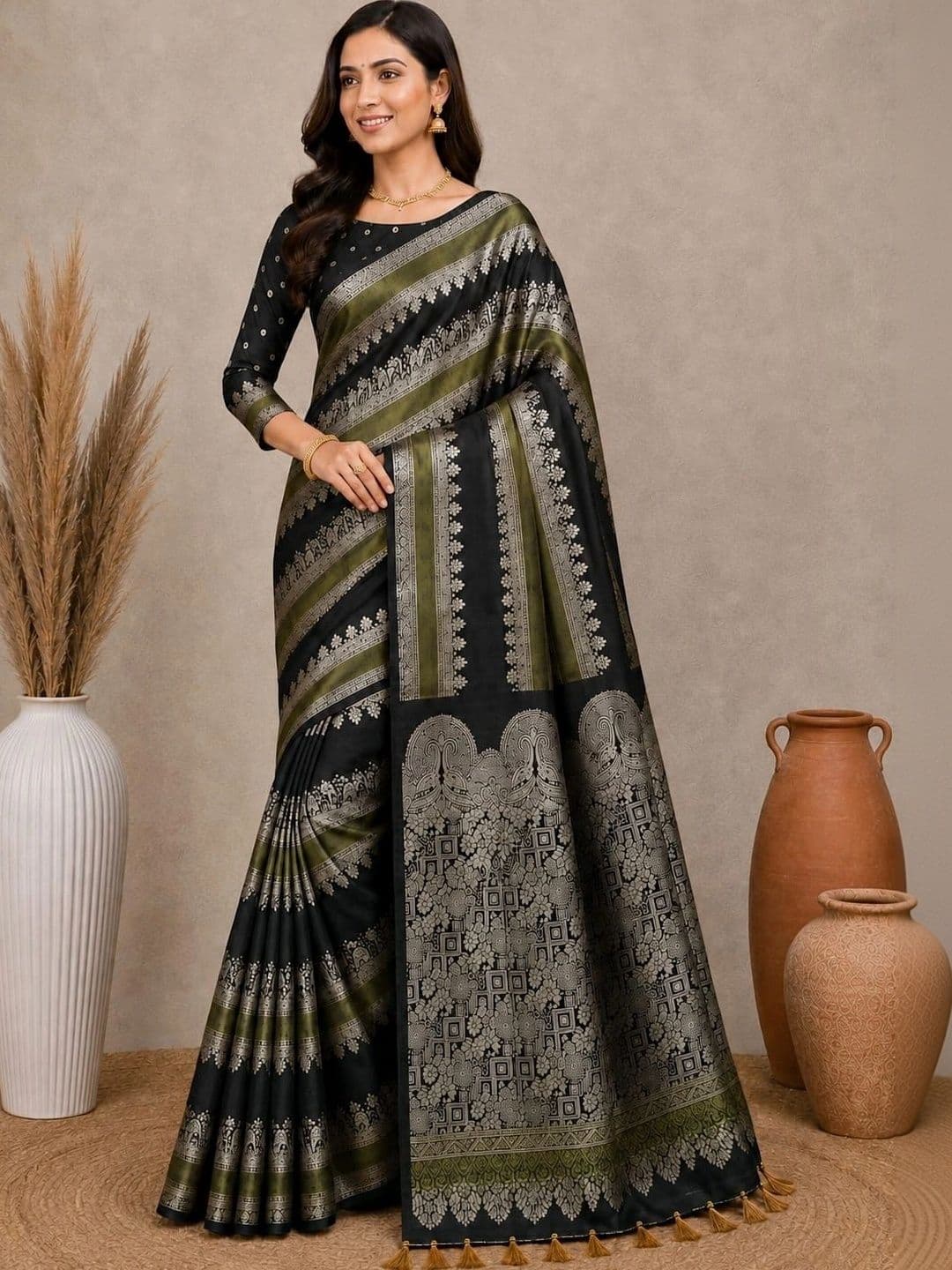 ORIFAB Royal Rajwadi Kanjeevaram Style Floral Paisley Gold Zari Silk Blend Designer Saree - view 1