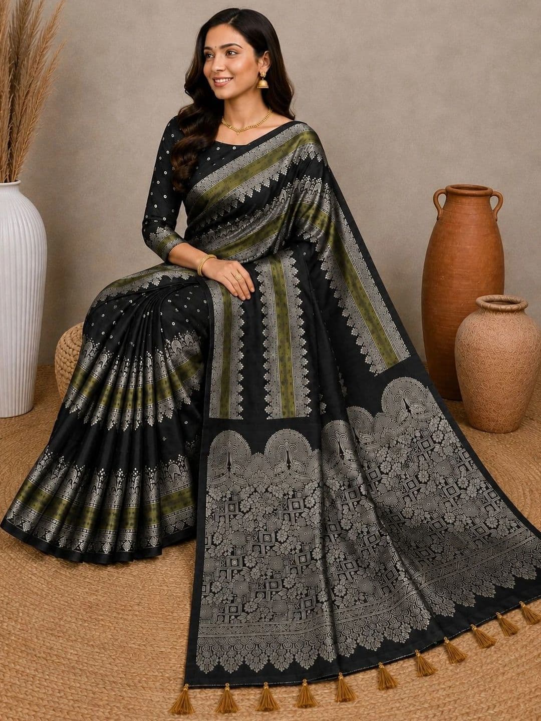 ORIFAB Royal Rajwadi Kanjeevaram Style Floral Paisley Gold Zari Silk Blend Designer Saree thumbnail 6