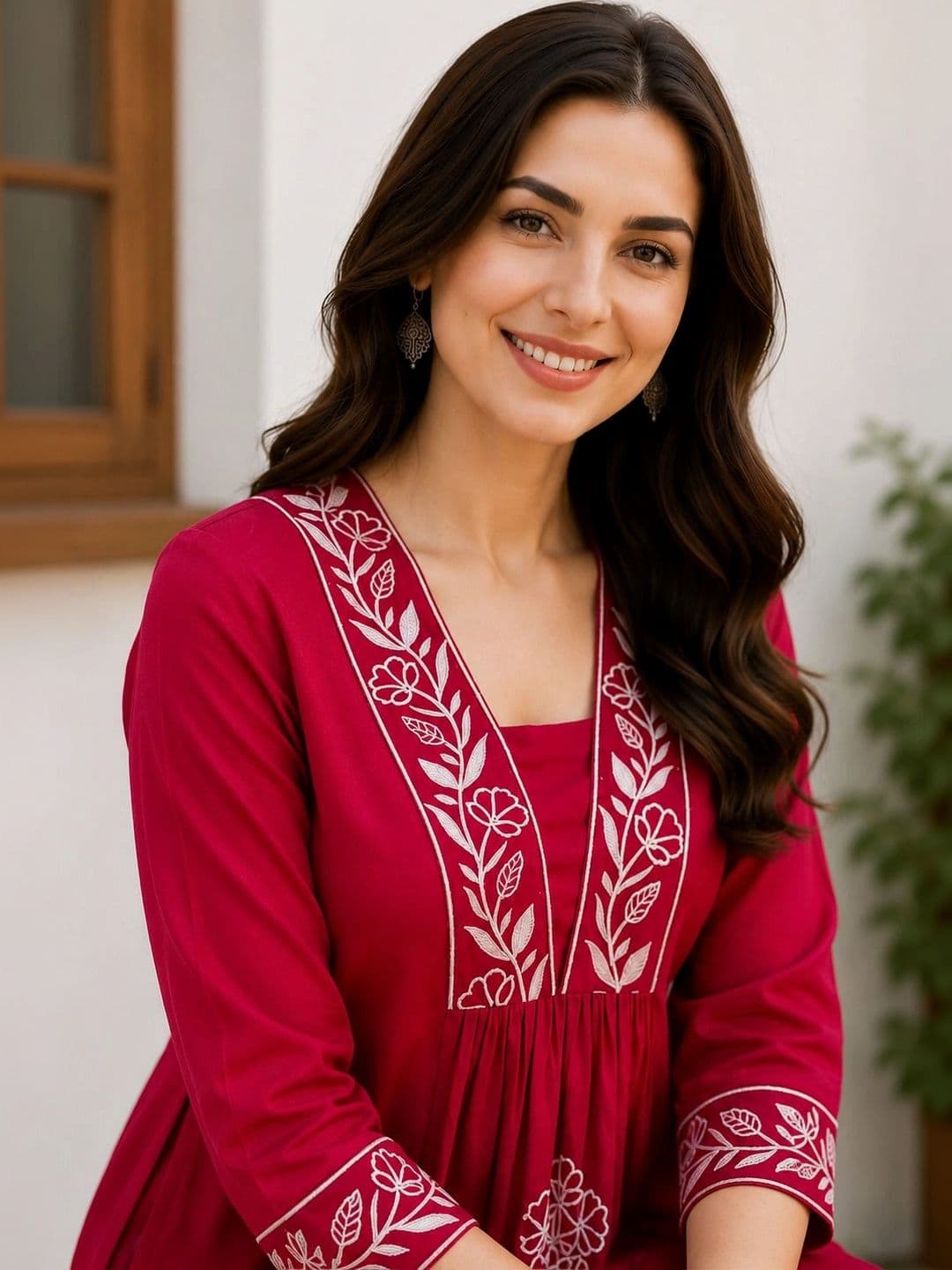 EVANORA Women Floral Embroidered Empire Thread Work Kurta with Palazzos thumbnail 4