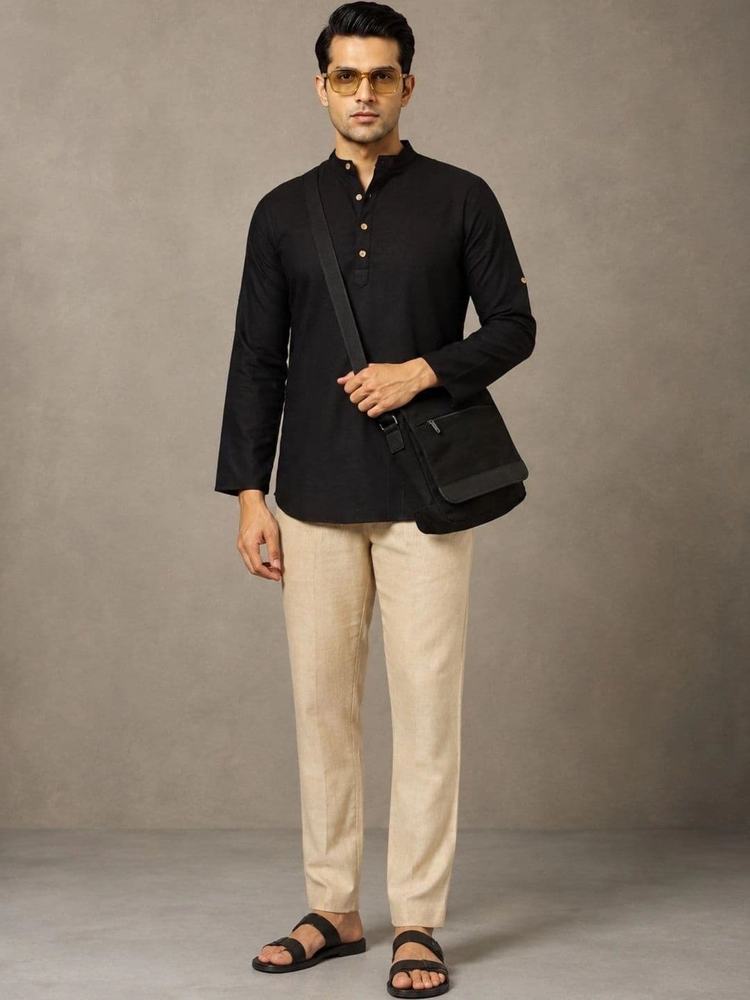 Navibhu Woven Design Solid Cotton Handloom Mandarin Collar Short Kurta thumbnail 3