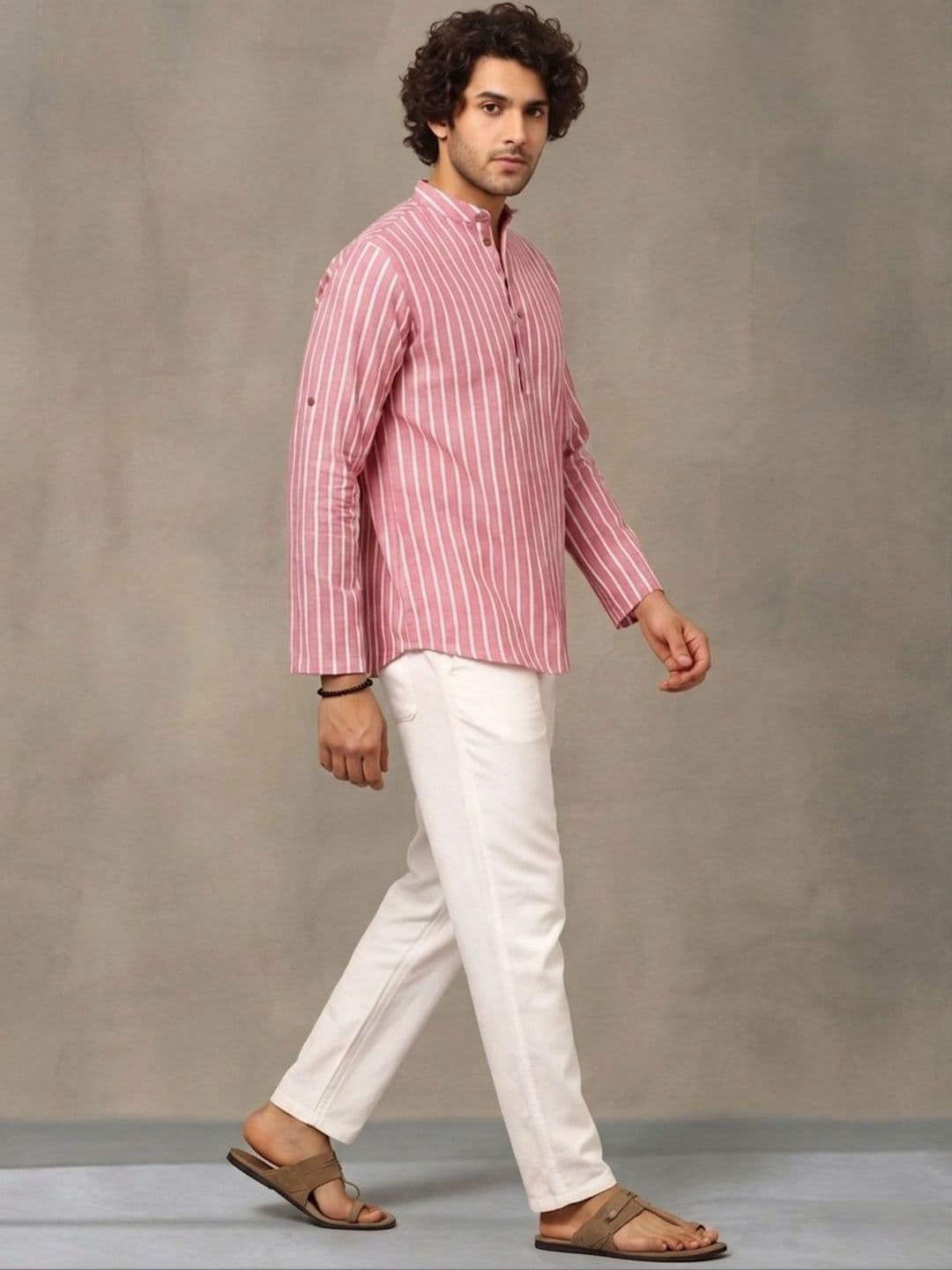 Navibhu Woven Design Striped Cotton Handloom Mandarin Collar Short Kurta thumbnail 3