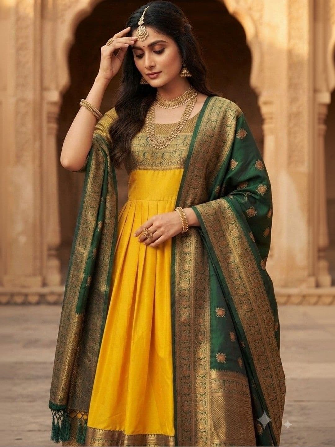 Kinjhit Fashion Embroidered Round Neck Jacquard A-line Gown Dress with Dupatta thumbnail 4