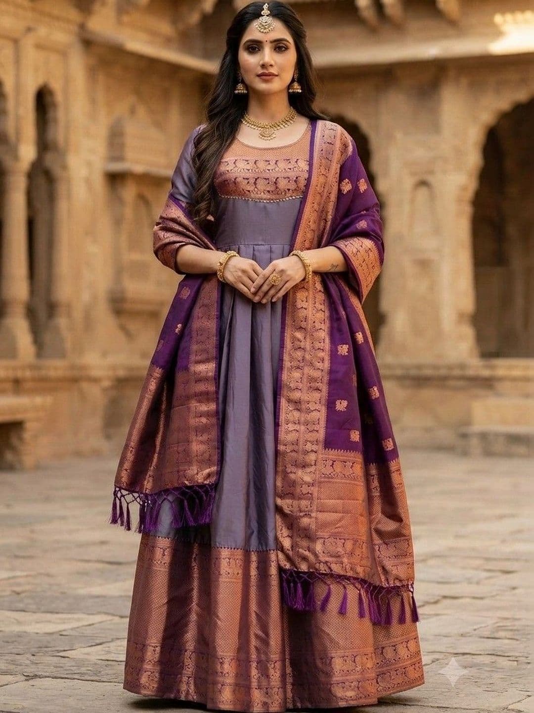 Kinjhit Fashion Embroidered Round Neck A-line Gown Dress thumbnail 4