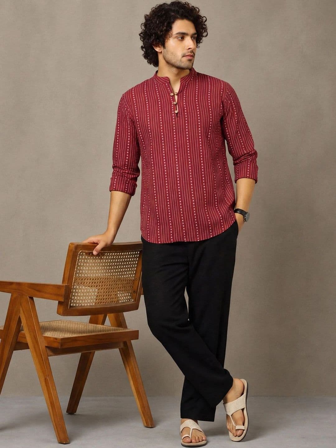 Navibhu Woven Design Striped Cotton Handloom Mandarin Collar Short Kurta - view 1