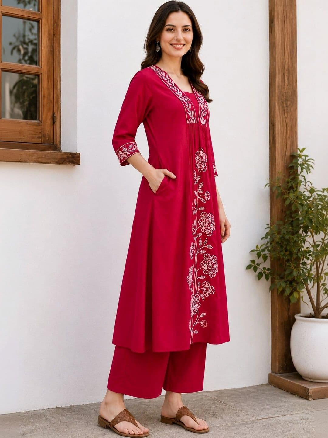 EVANORA Women Floral Embroidered Empire Thread Work Kurta with Palazzos thumbnail 2