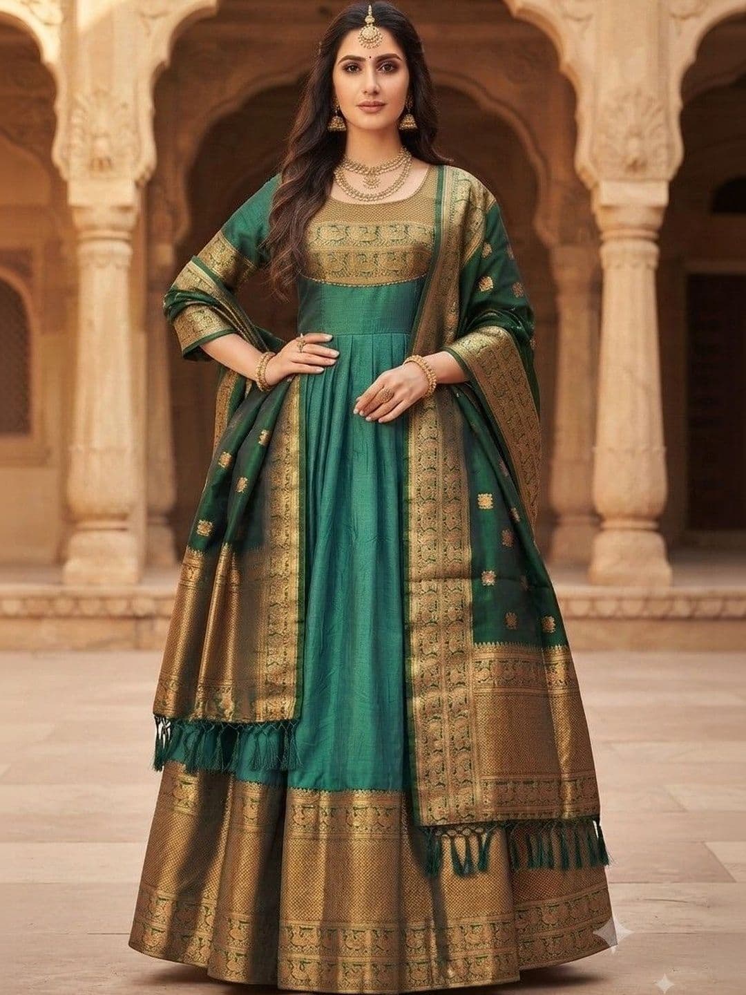 Kinjhit Fashion Embroidered Round Neck A-line Gown Dress thumbnail 2