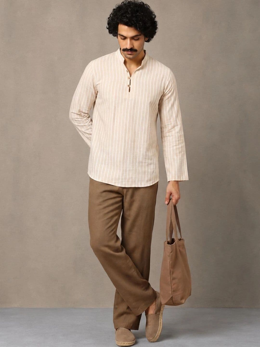 Navibhu Woven Design Striped Cotton Handloom Mandarin Collar Short Kurta - view 1