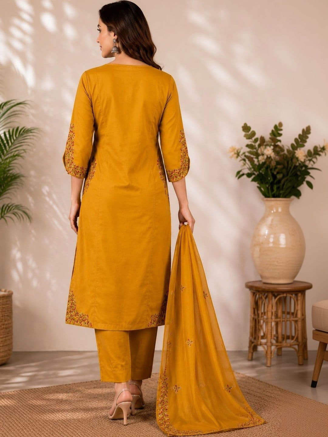 VASUPRADA Embroidered Regular Thread Work Pure Cotton Kurta with Trousers & With Dupatta thumbnail 2