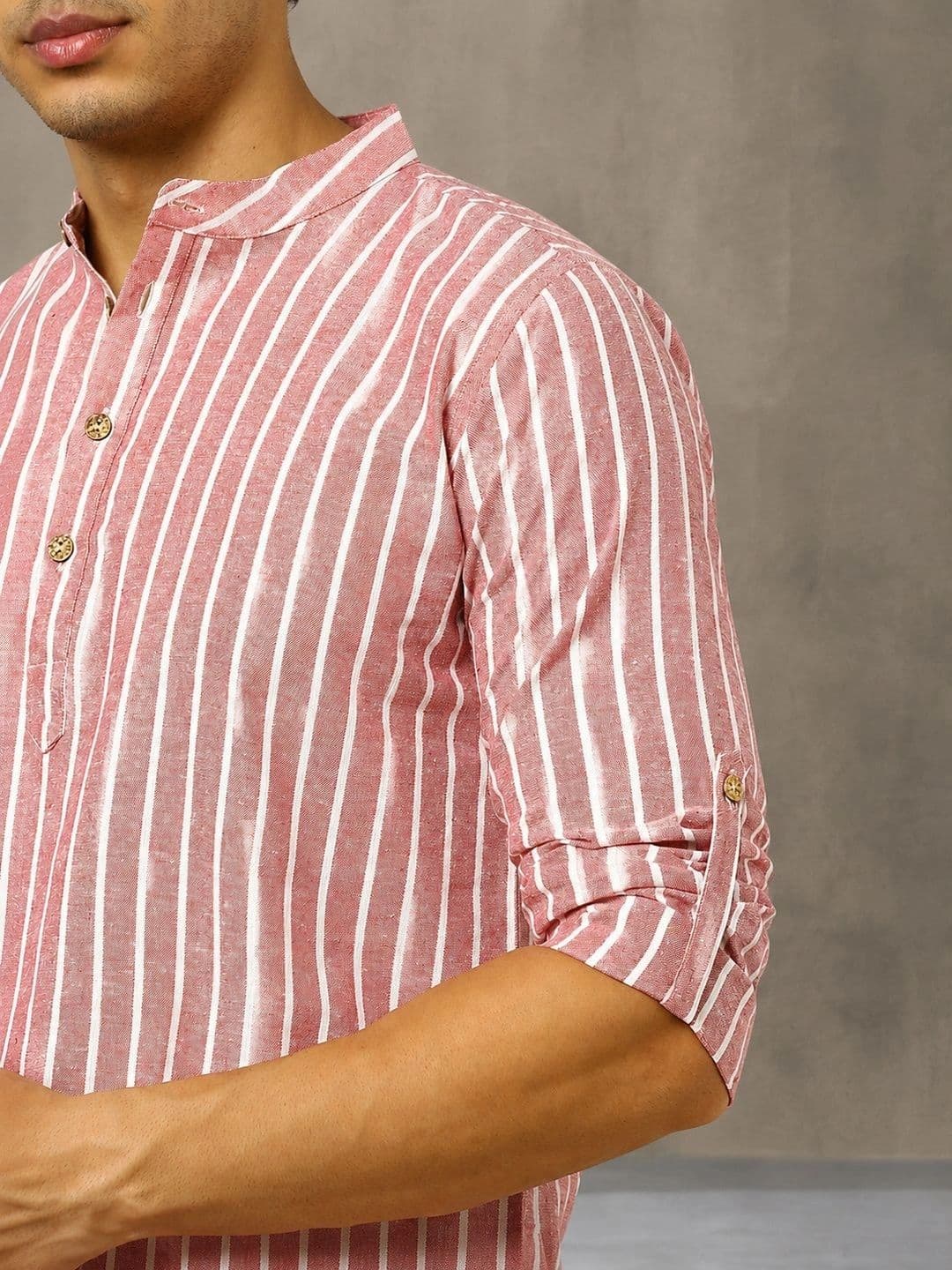 Navibhu Woven Design Striped Cotton Handloom Mandarin Collar Short Kurta thumbnail 6